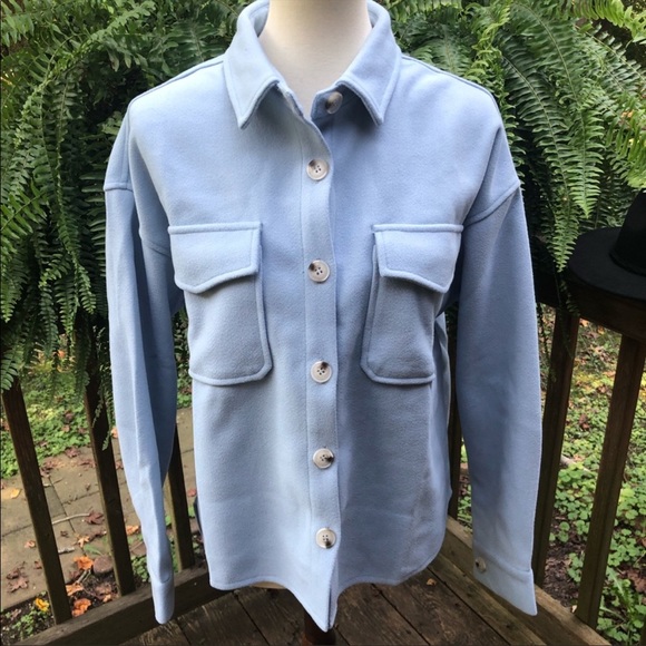 Boyfriend Jacket blue button up jacket over shirt front pockets - Picture 6 of 13